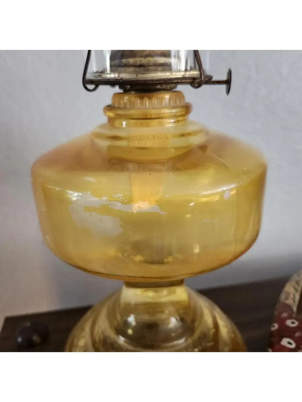 Large Vintage Amber Glass Hurricane Oil Lamp Scroll Design Wheat Print Globe
